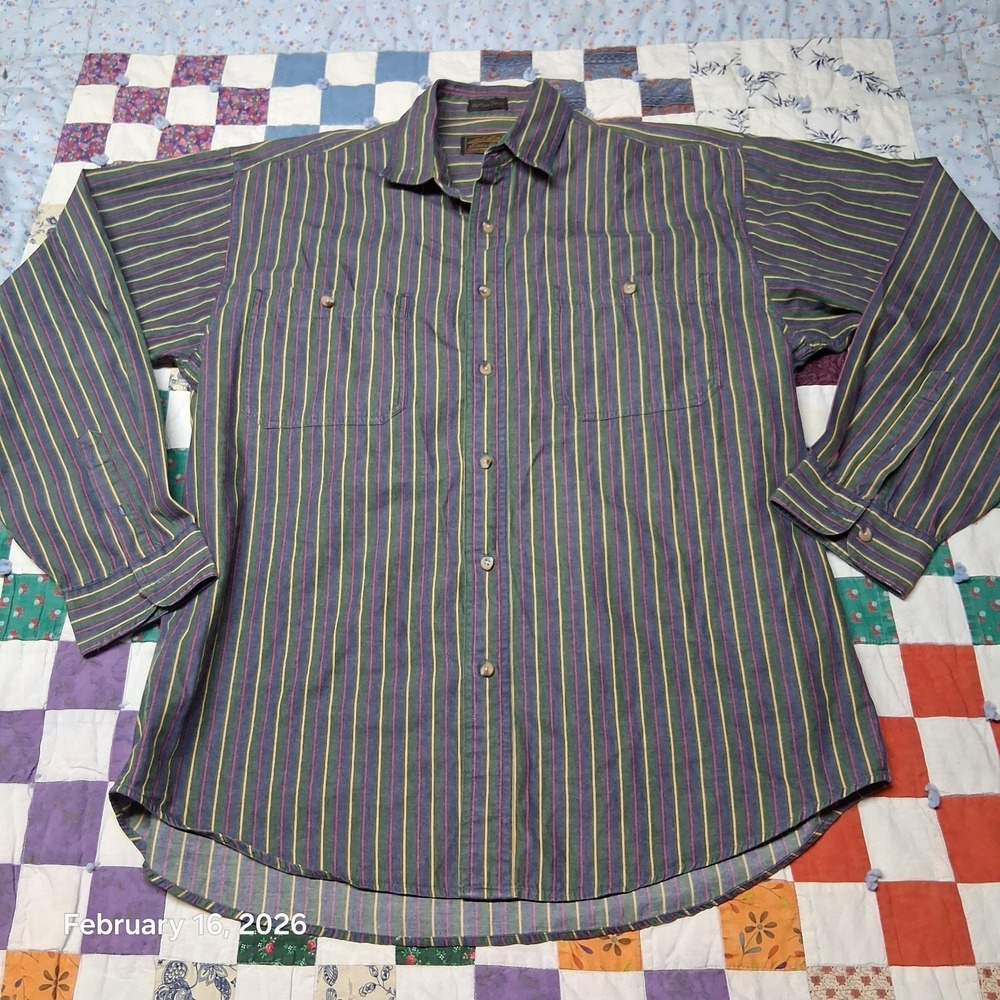 Vintage Eddie Bauer Shirt‎ Men Large Green Multi Color Stripe Rufton Twill